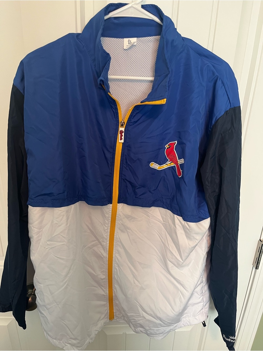 Blue and White Colorblock Bomber Jacket with Cardinal Patch